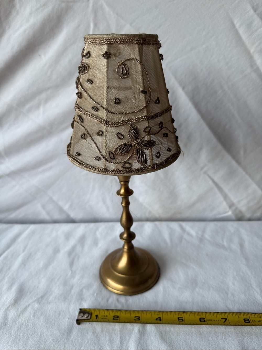 Embroidered Beige and Gold Table Lamp vintage brass accent table or candlestick